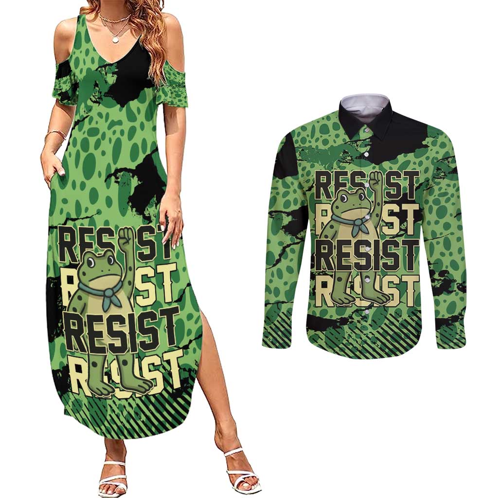 Personalized Portland Frog Protest Couples Matching Summer Maxi Dress and Long Sleeve Button Shirt Only You Can Prevent Fascism - Wonder Print Shop