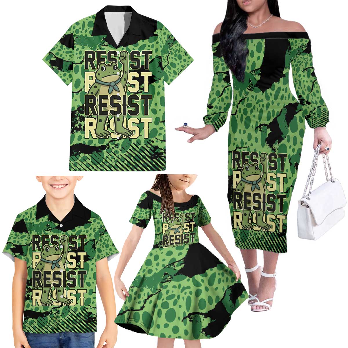 Personalized Portland Frog Protest Family Matching Off The Shoulder Long Sleeve Dress and Hawaiian Shirt Only You Can Prevent Fascism - Wonder Print Shop