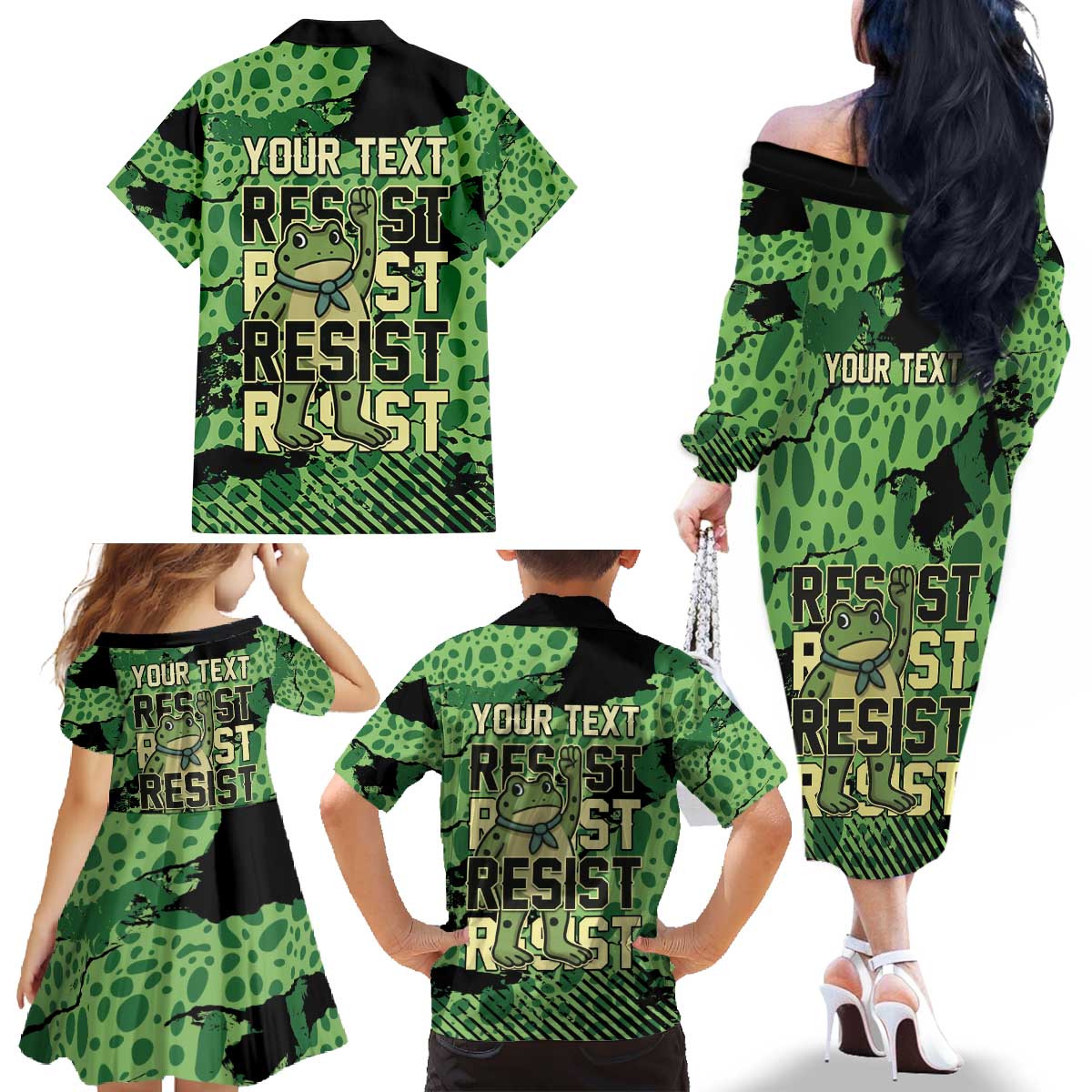 Personalized Portland Frog Protest Family Matching Off The Shoulder Long Sleeve Dress and Hawaiian Shirt Only You Can Prevent Fascism - Wonder Print Shop