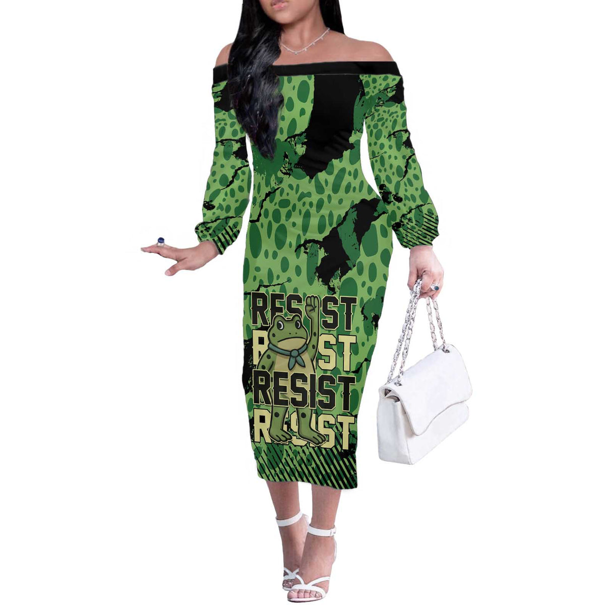 Personalized Portland Frog Protest Off The Shoulder Long Sleeve Dress Only You Can Prevent Fascism - Wonder Print Shop