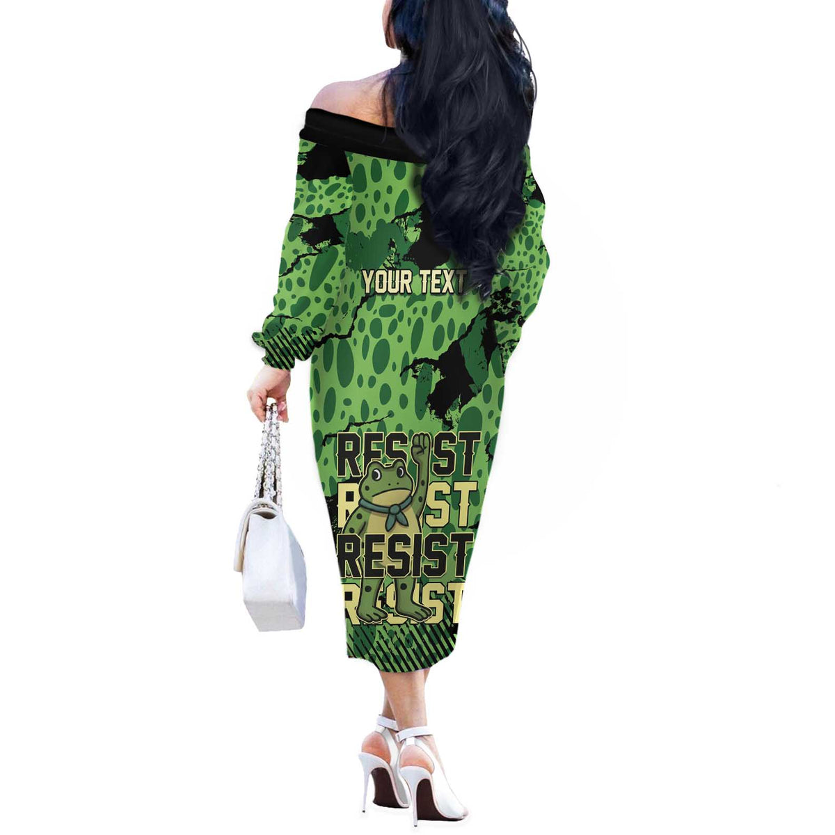 Personalized Portland Frog Protest Off The Shoulder Long Sleeve Dress Only You Can Prevent Fascism - Wonder Print Shop