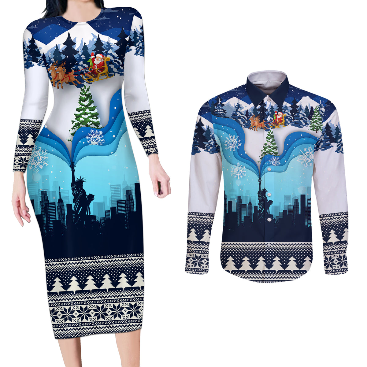 New York Christmas Couples Matching Long Sleeve Bodycon Dress and Long Sleeve Button Shirt Manhattan Statue Of Liberty - Wonder Print Shop