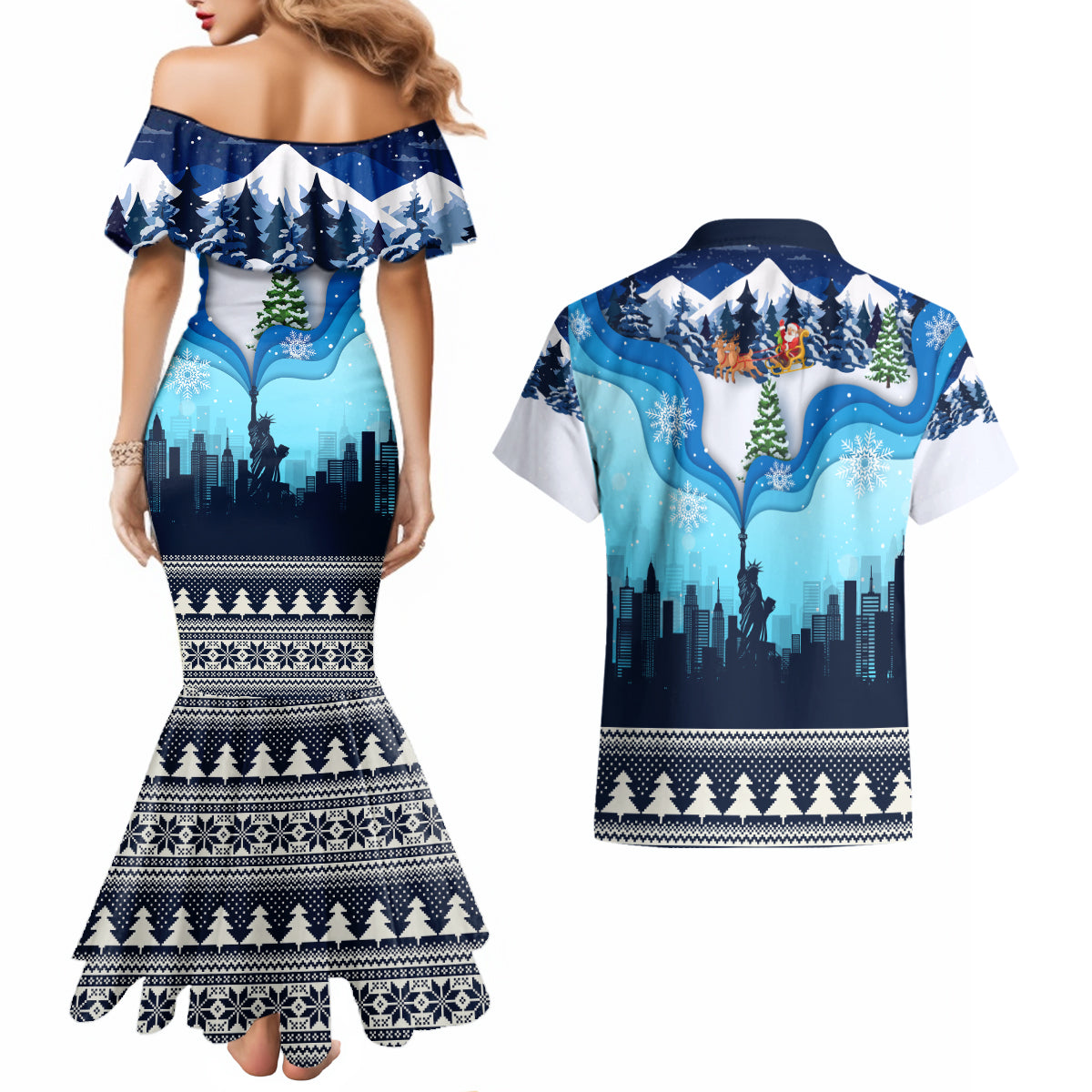 New York Christmas Couples Matching Mermaid Dress and Hawaiian Shirt Manhattan Statue Of Liberty - Wonder Print Shop