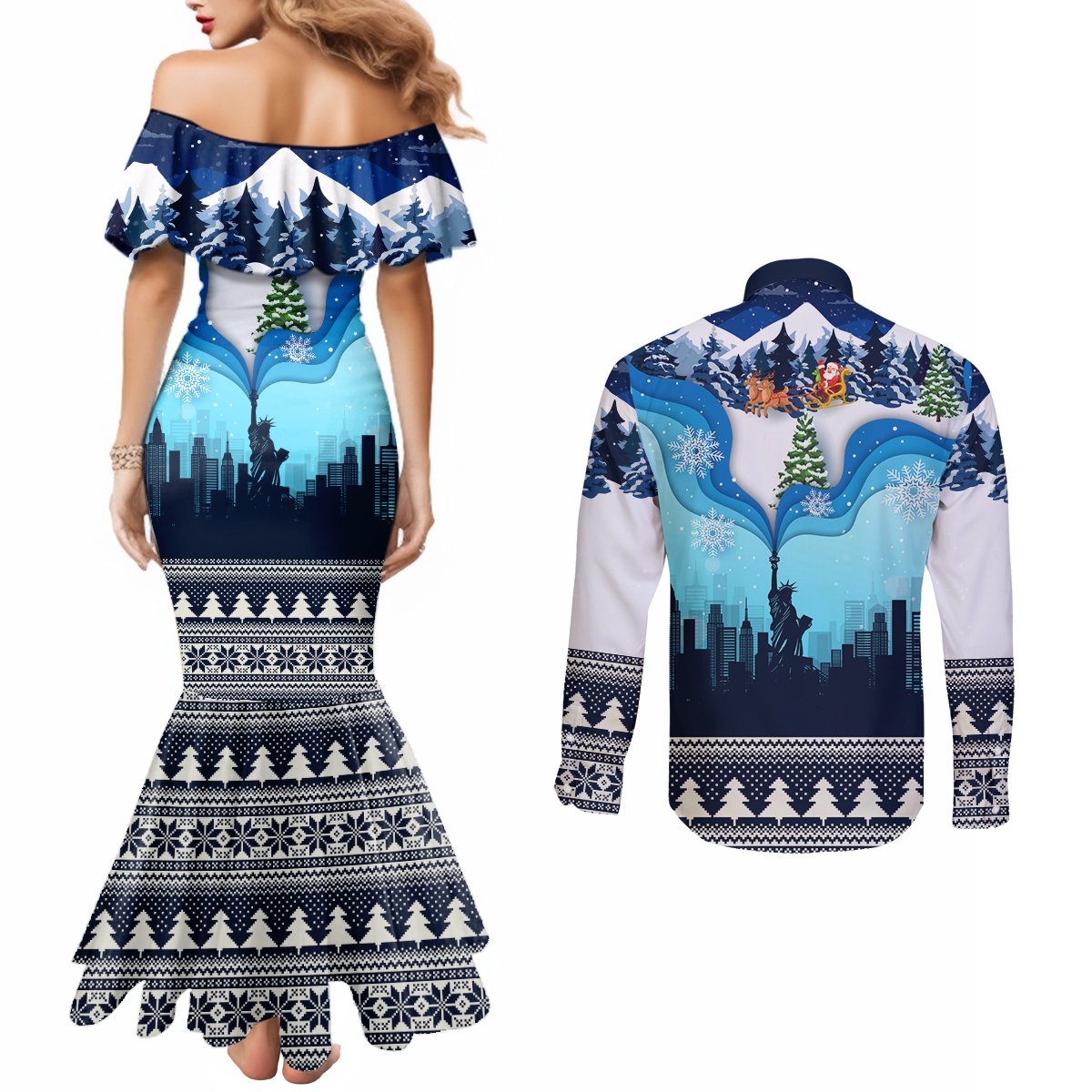new-york-christmas-couples-matching-mermaid-dress-and-long-sleeve-button-shirt-manhattan-statue-of-liberty
