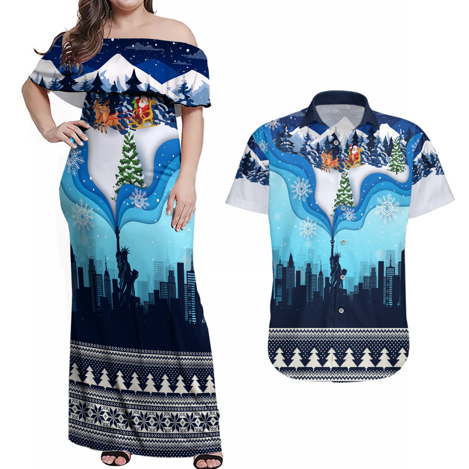 New York Christmas Couples Matching Off Shoulder Maxi Dress and Hawaiian Shirt Manhattan Statue Of Liberty - Wonder Print Shop