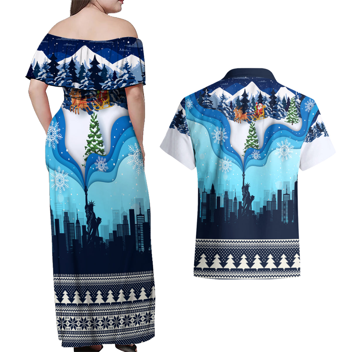 New York Christmas Couples Matching Off Shoulder Maxi Dress and Hawaiian Shirt Manhattan Statue Of Liberty - Wonder Print Shop
