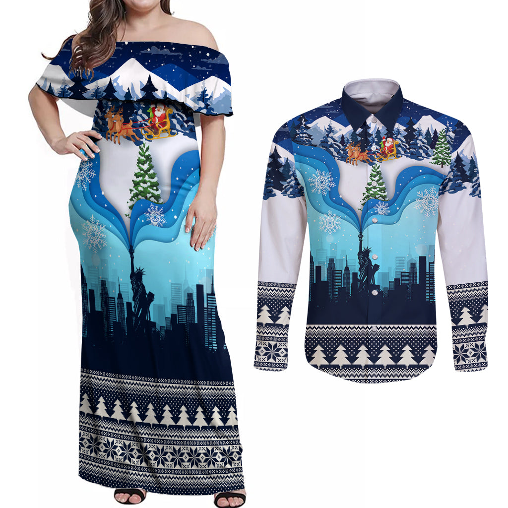 New York Christmas Couples Matching Off Shoulder Maxi Dress and Long Sleeve Button Shirt Manhattan Statue Of Liberty - Wonder Print Shop