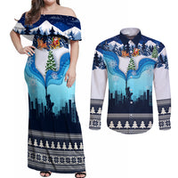 New York Christmas Couples Matching Off Shoulder Maxi Dress and Long Sleeve Button Shirt Manhattan Statue Of Liberty - Wonder Print Shop