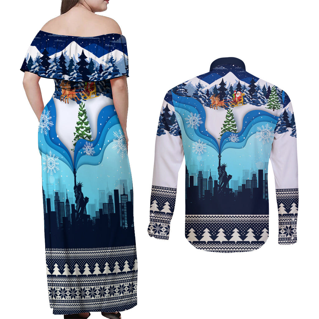 New York Christmas Couples Matching Off Shoulder Maxi Dress and Long Sleeve Button Shirt Manhattan Statue Of Liberty - Wonder Print Shop