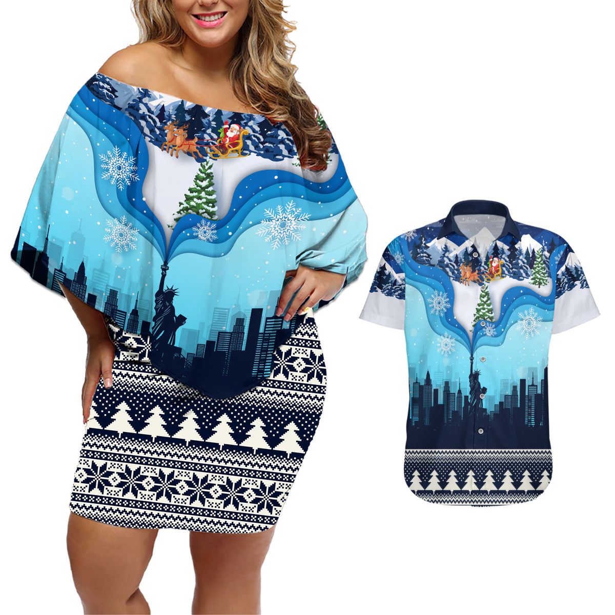 New York Christmas Couples Matching Off Shoulder Short Dress and Hawaiian Shirt Manhattan Statue Of Liberty - Wonder Print Shop