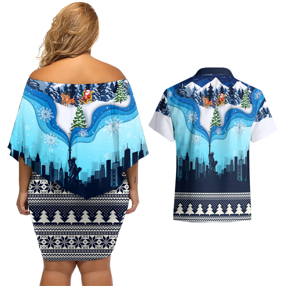New York Christmas Couples Matching Off Shoulder Short Dress and Hawaiian Shirt Manhattan Statue Of Liberty - Wonder Print Shop