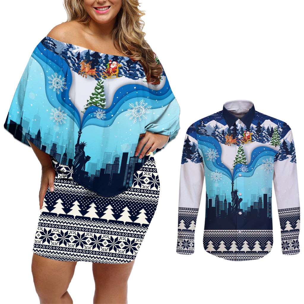 New York Christmas Couples Matching Off Shoulder Short Dress and Long Sleeve Button Shirt Manhattan Statue Of Liberty - Wonder Print Shop