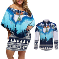 New York Christmas Couples Matching Off Shoulder Short Dress and Long Sleeve Button Shirt Manhattan Statue Of Liberty - Wonder Print Shop