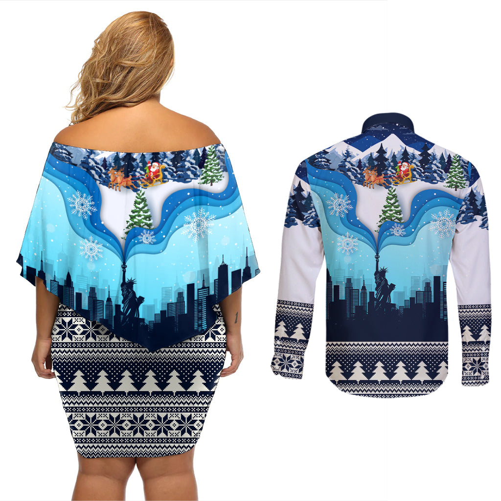 New York Christmas Couples Matching Off Shoulder Short Dress and Long Sleeve Button Shirt Manhattan Statue Of Liberty - Wonder Print Shop