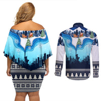 New York Christmas Couples Matching Off Shoulder Short Dress and Long Sleeve Button Shirt Manhattan Statue Of Liberty - Wonder Print Shop