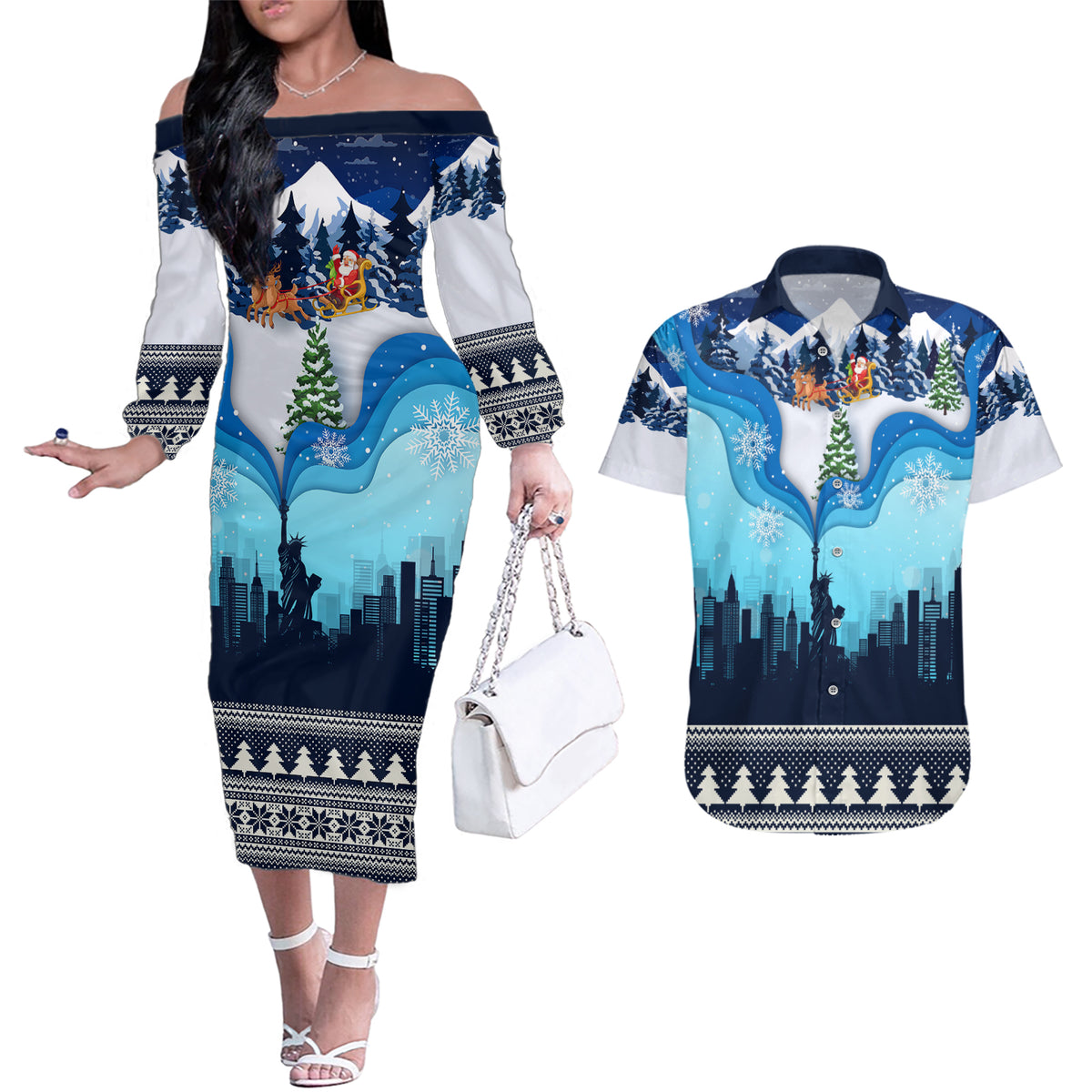 New York Christmas Couples Matching Off The Shoulder Long Sleeve Dress and Hawaiian Shirt Manhattan Statue Of Liberty - Wonder Print Shop