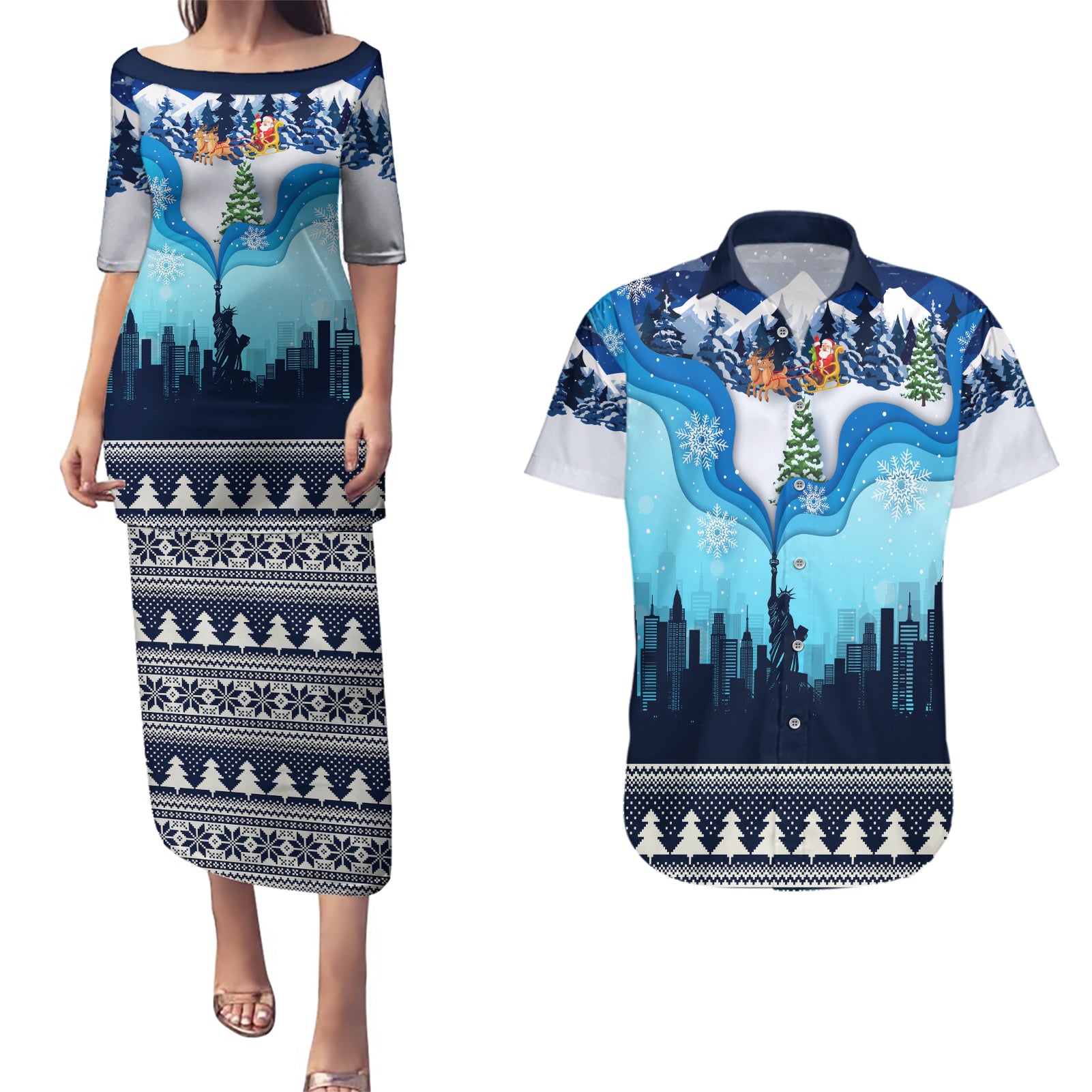 New York Christmas Couples Matching Puletasi Dress and Hawaiian Shirt Manhattan Statue Of Liberty - Wonder Print Shop