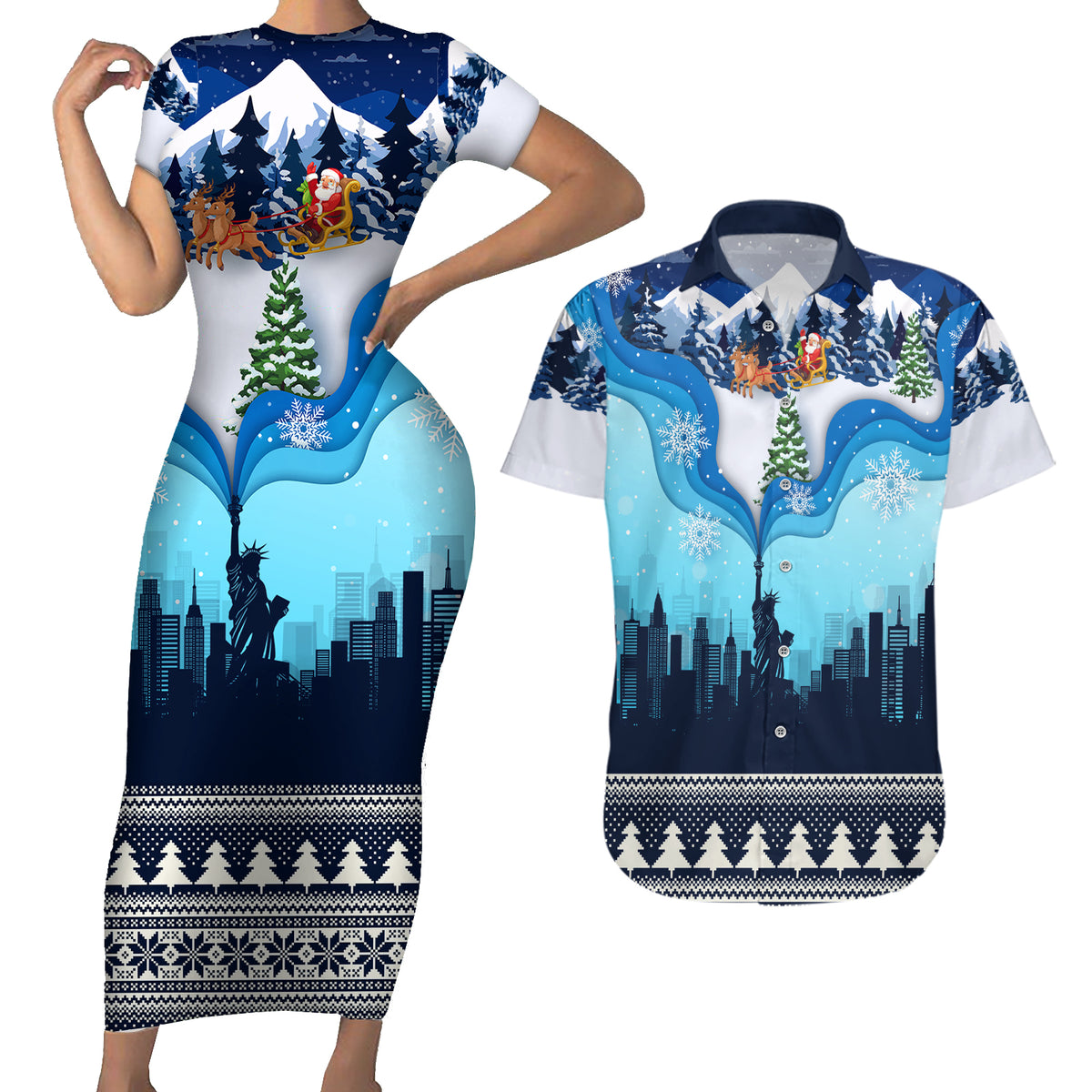 New York Christmas Couples Matching Short Sleeve Bodycon Dress and Hawaiian Shirt Manhattan Statue Of Liberty - Wonder Print Shop