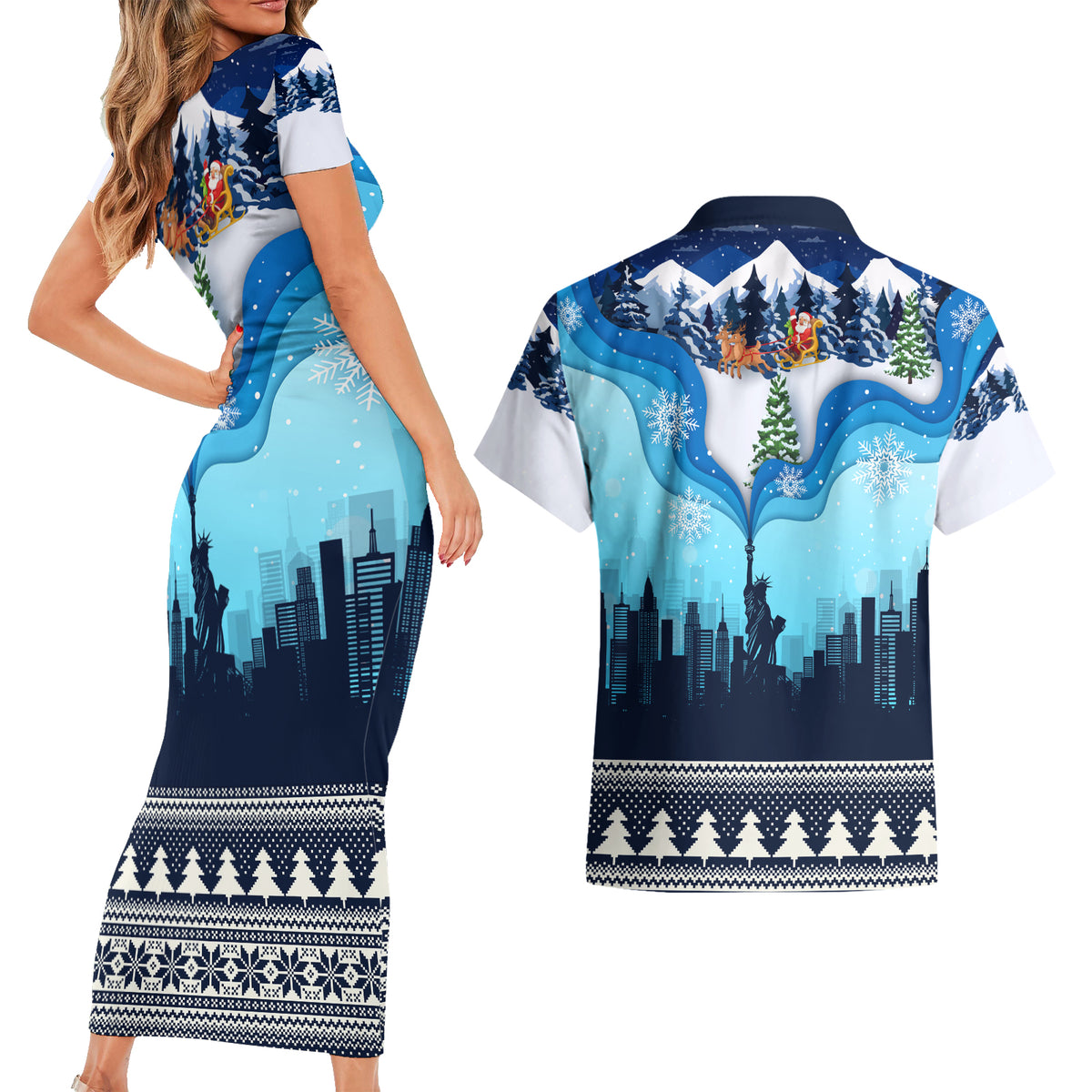 New York Christmas Couples Matching Short Sleeve Bodycon Dress and Hawaiian Shirt Manhattan Statue Of Liberty - Wonder Print Shop