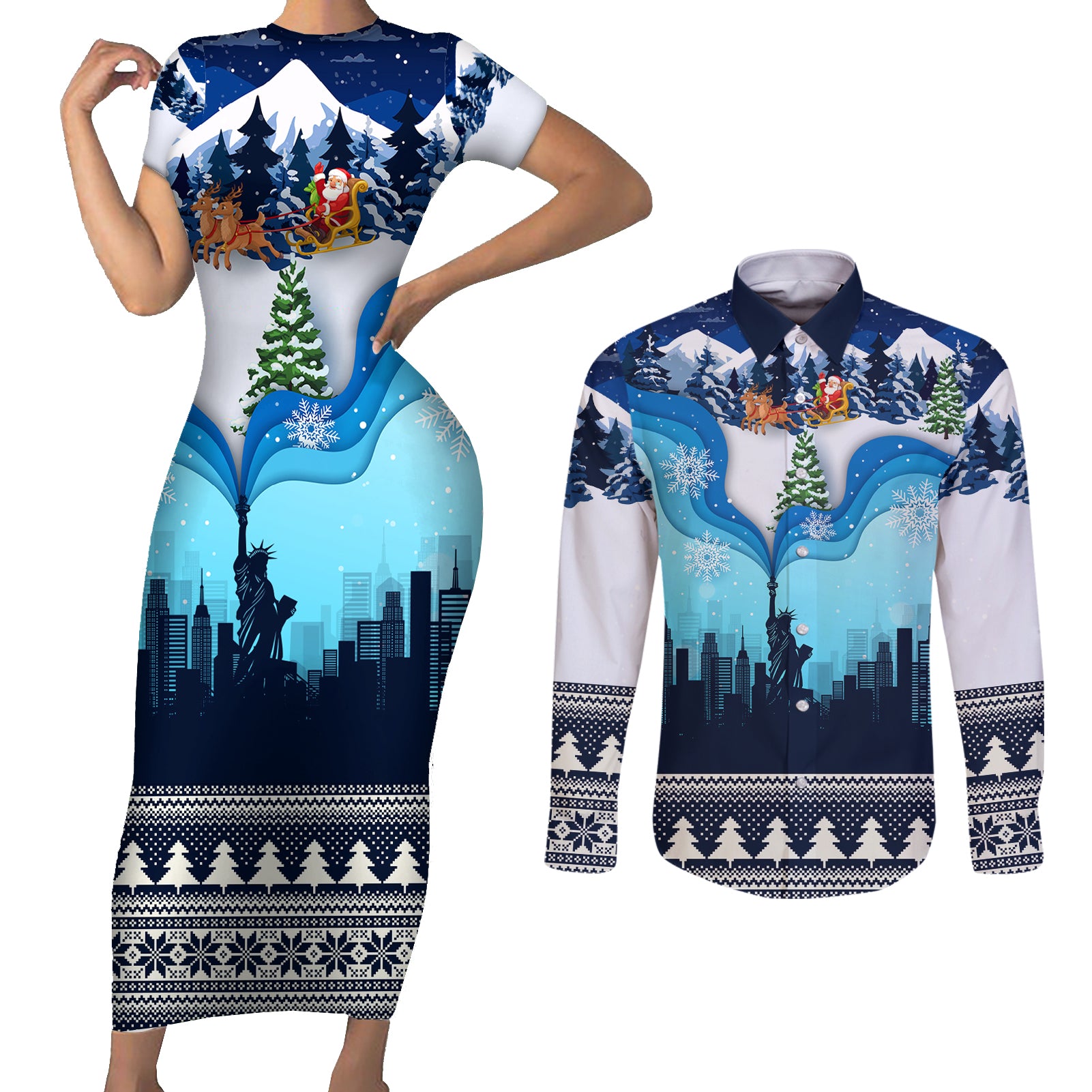 New York Christmas Couples Matching Short Sleeve Bodycon Dress and Long Sleeve Button Shirt Manhattan Statue Of Liberty - Wonder Print Shop