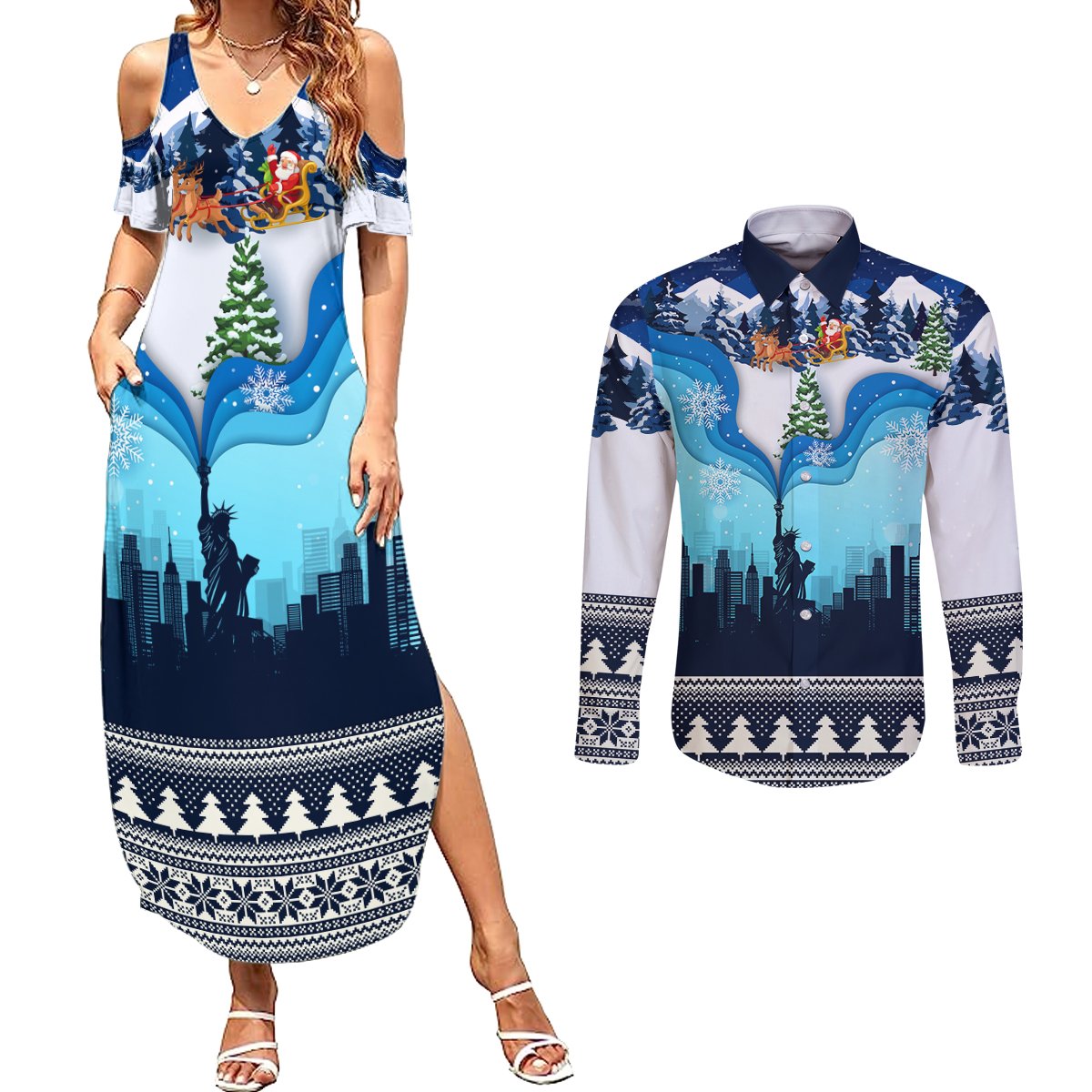 New York Christmas Couples Matching Summer Maxi Dress and Long Sleeve Button Shirt Manhattan Statue Of Liberty - Wonder Print Shop