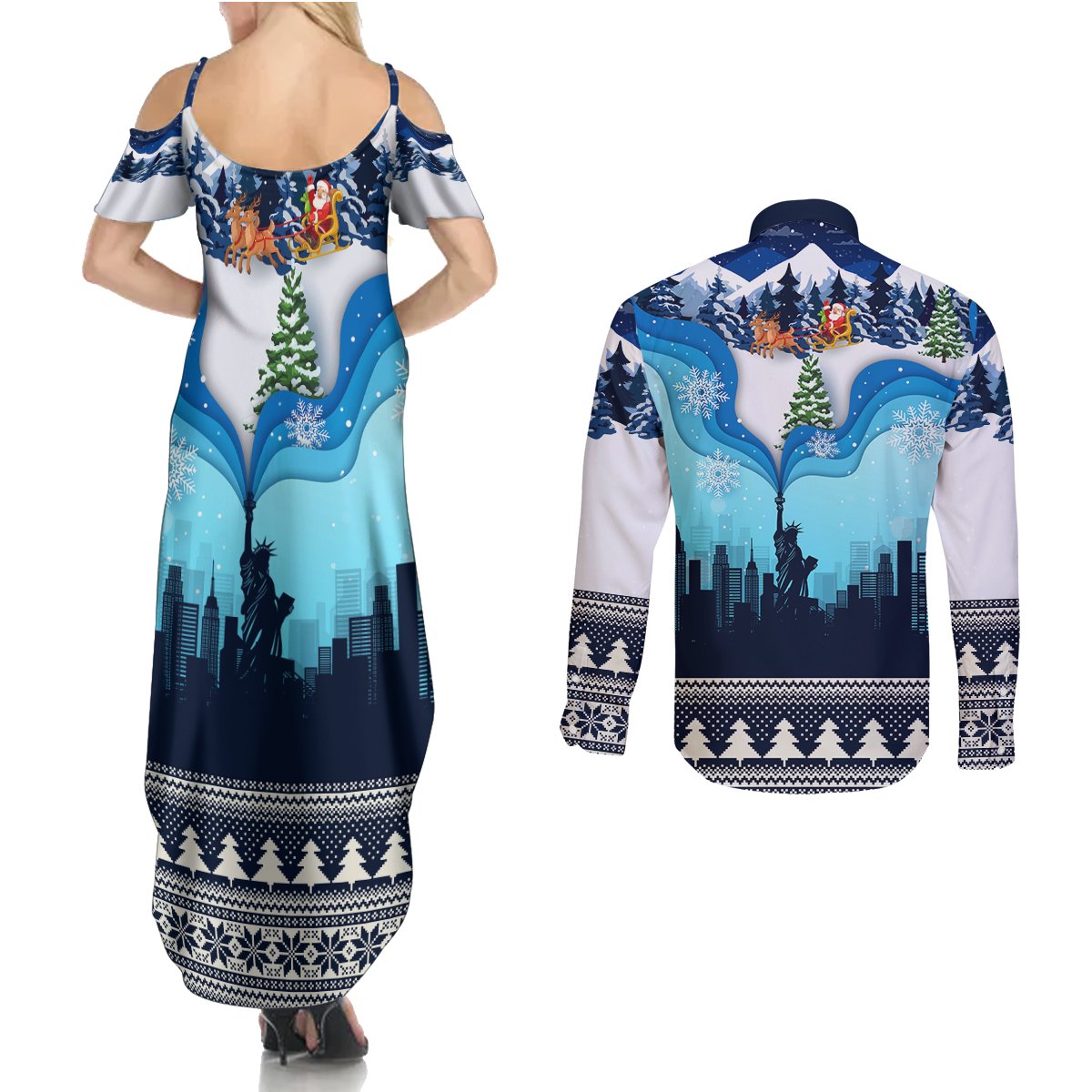 New York Christmas Couples Matching Summer Maxi Dress and Long Sleeve Button Shirt Manhattan Statue Of Liberty - Wonder Print Shop