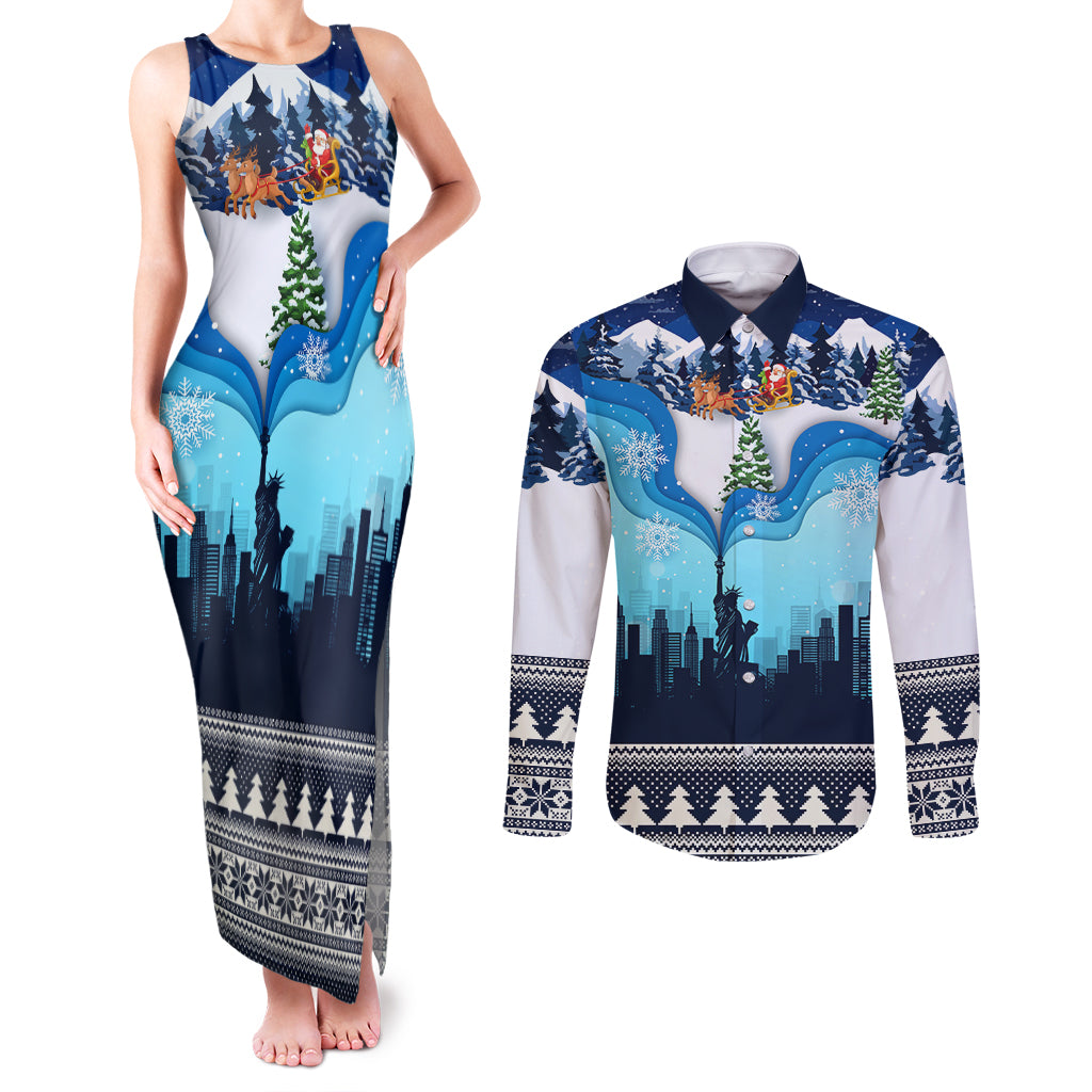 New York Christmas Couples Matching Tank Maxi Dress and Long Sleeve Button Shirt Manhattan Statue Of Liberty - Wonder Print Shop