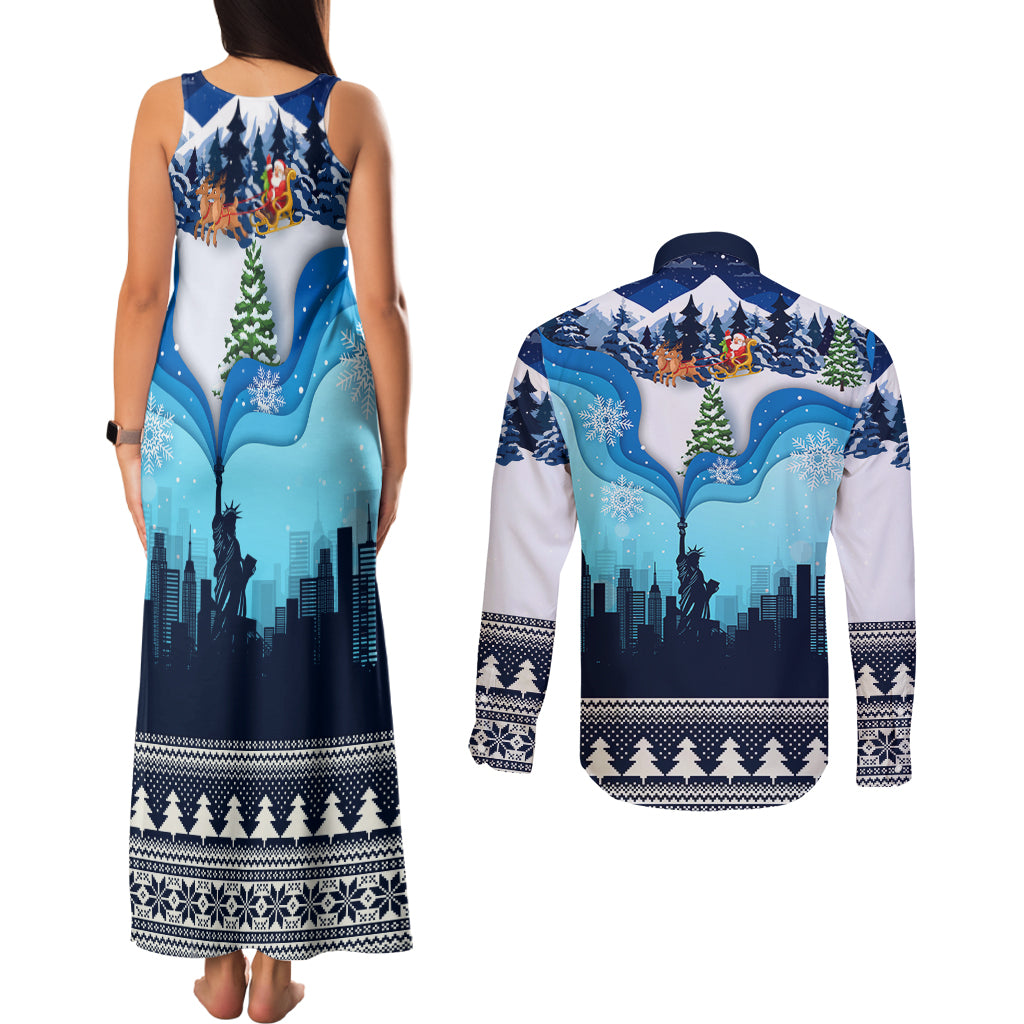 New York Christmas Couples Matching Tank Maxi Dress and Long Sleeve Button Shirt Manhattan Statue Of Liberty - Wonder Print Shop