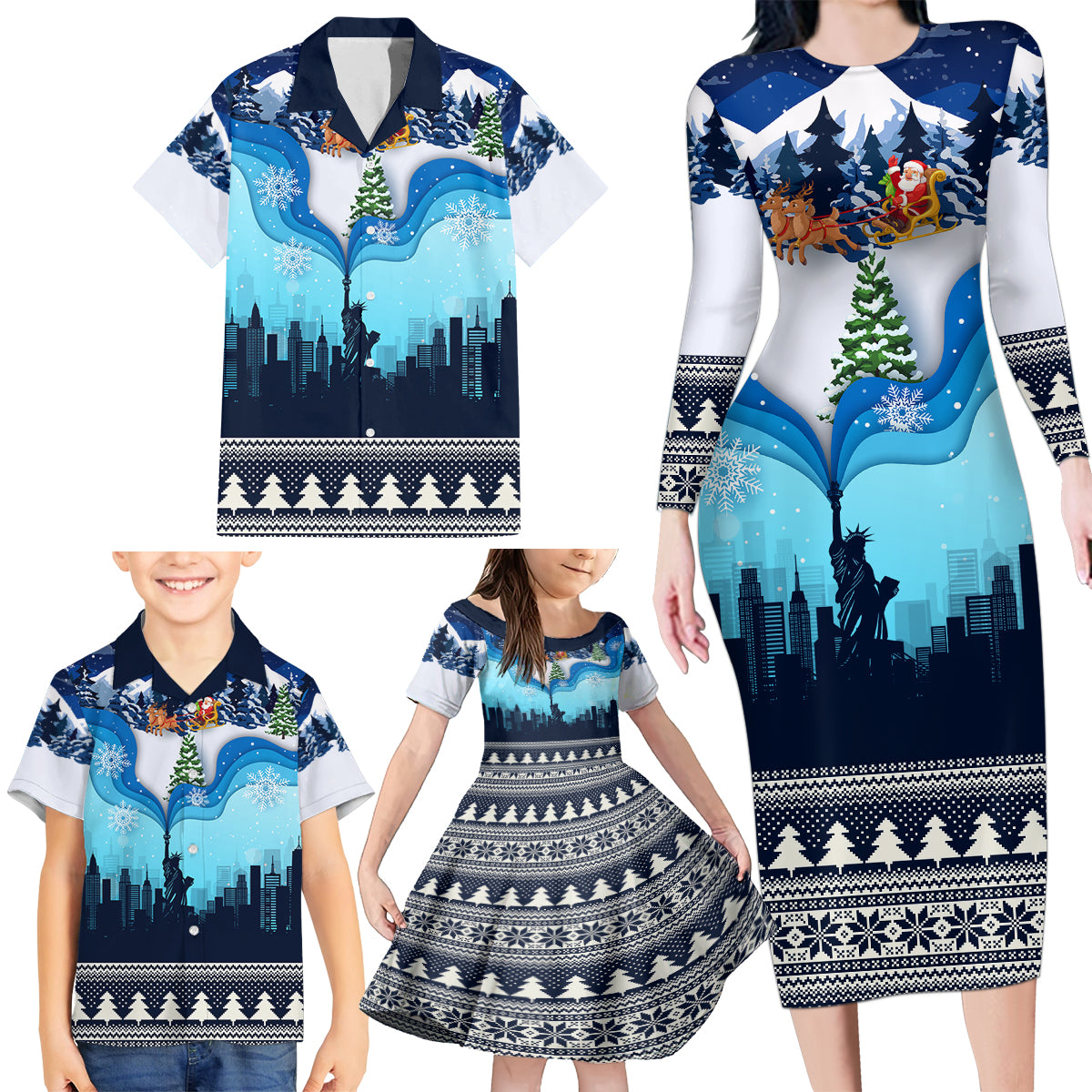 New York Christmas Family Matching Long Sleeve Bodycon Dress and Hawaiian Shirt Manhattan Statue Of Liberty - Wonder Print Shop