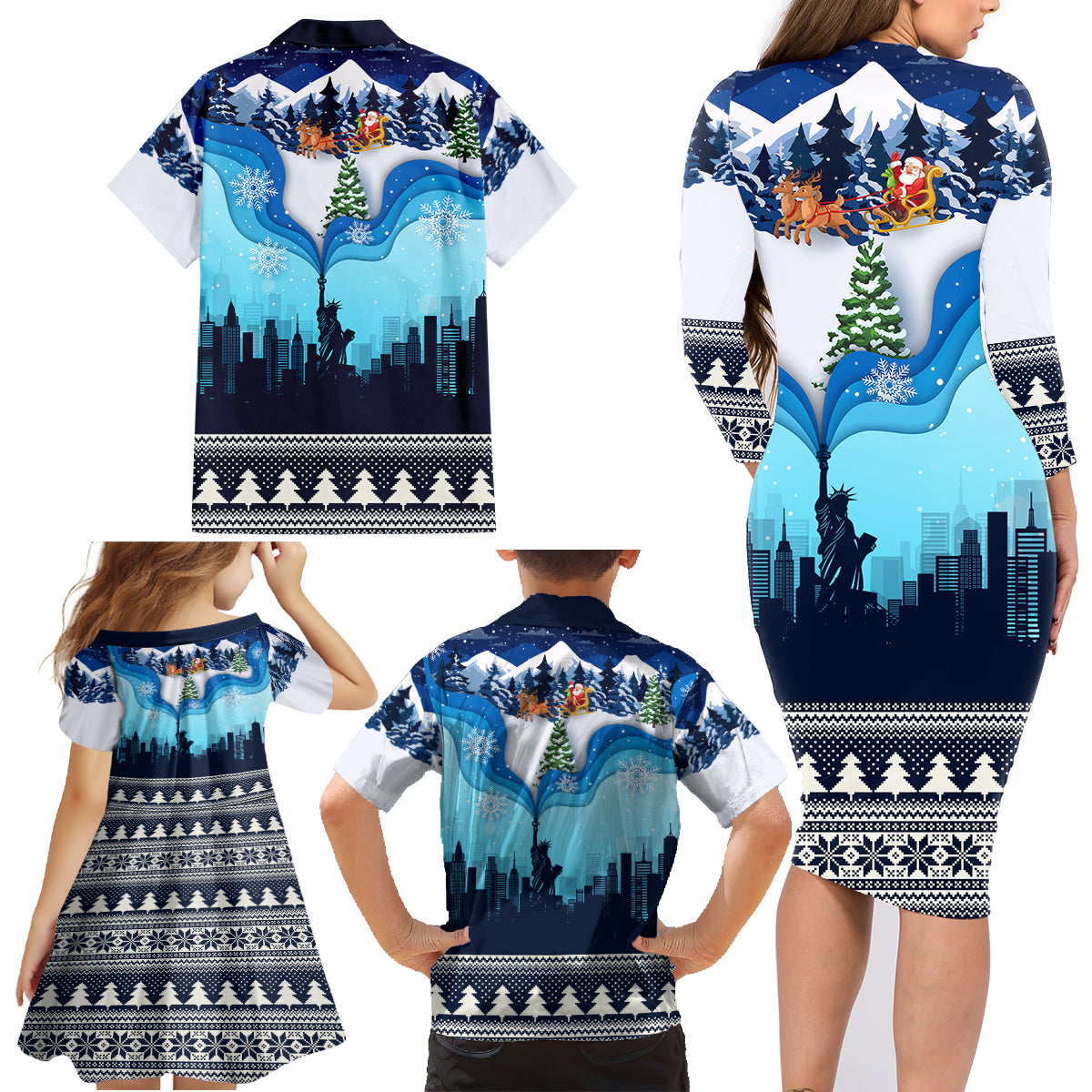 New York Christmas Family Matching Long Sleeve Bodycon Dress and Hawaiian Shirt Manhattan Statue Of Liberty - Wonder Print Shop