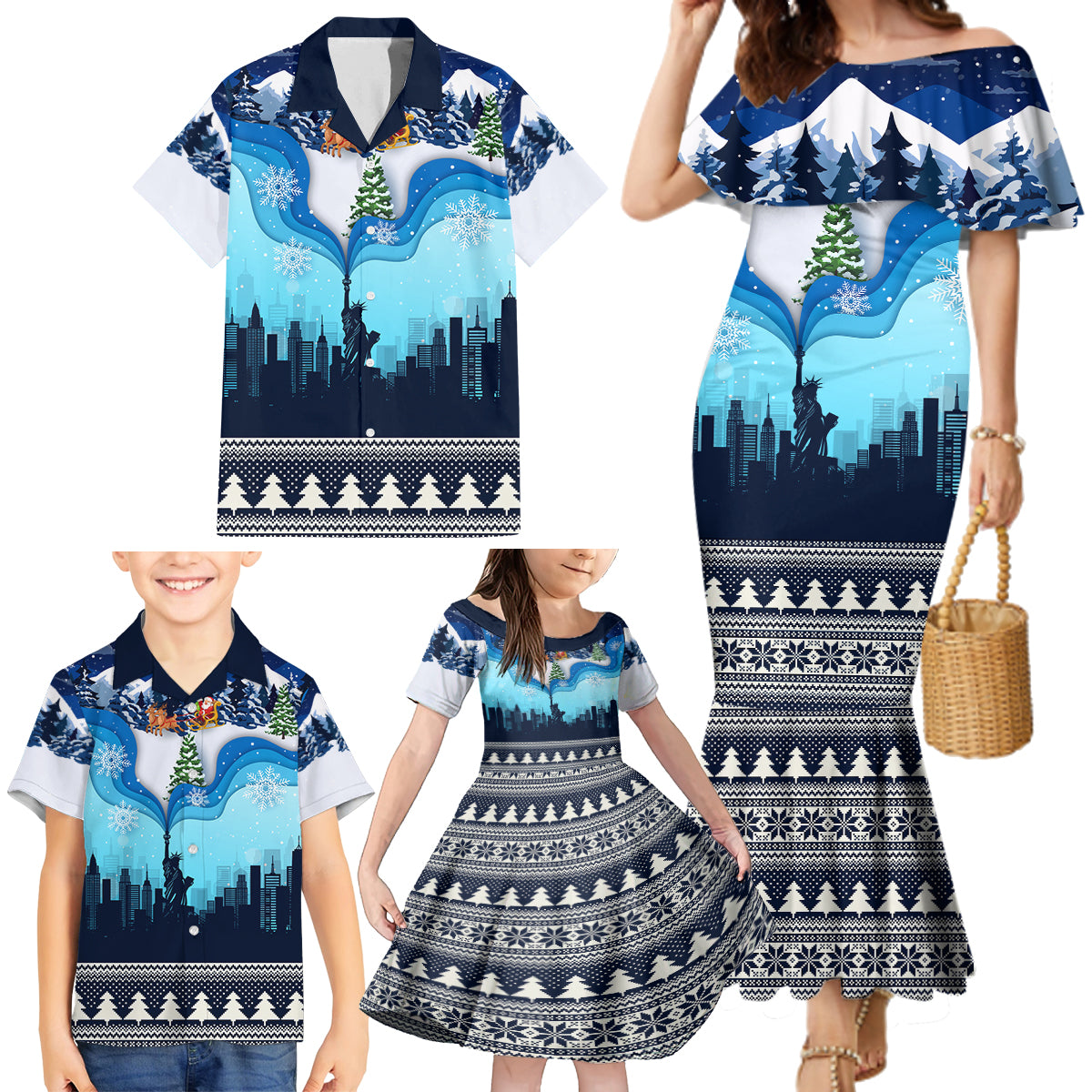 New York Christmas Family Matching Mermaid Dress and Hawaiian Shirt Manhattan Statue Of Liberty - Wonder Print Shop