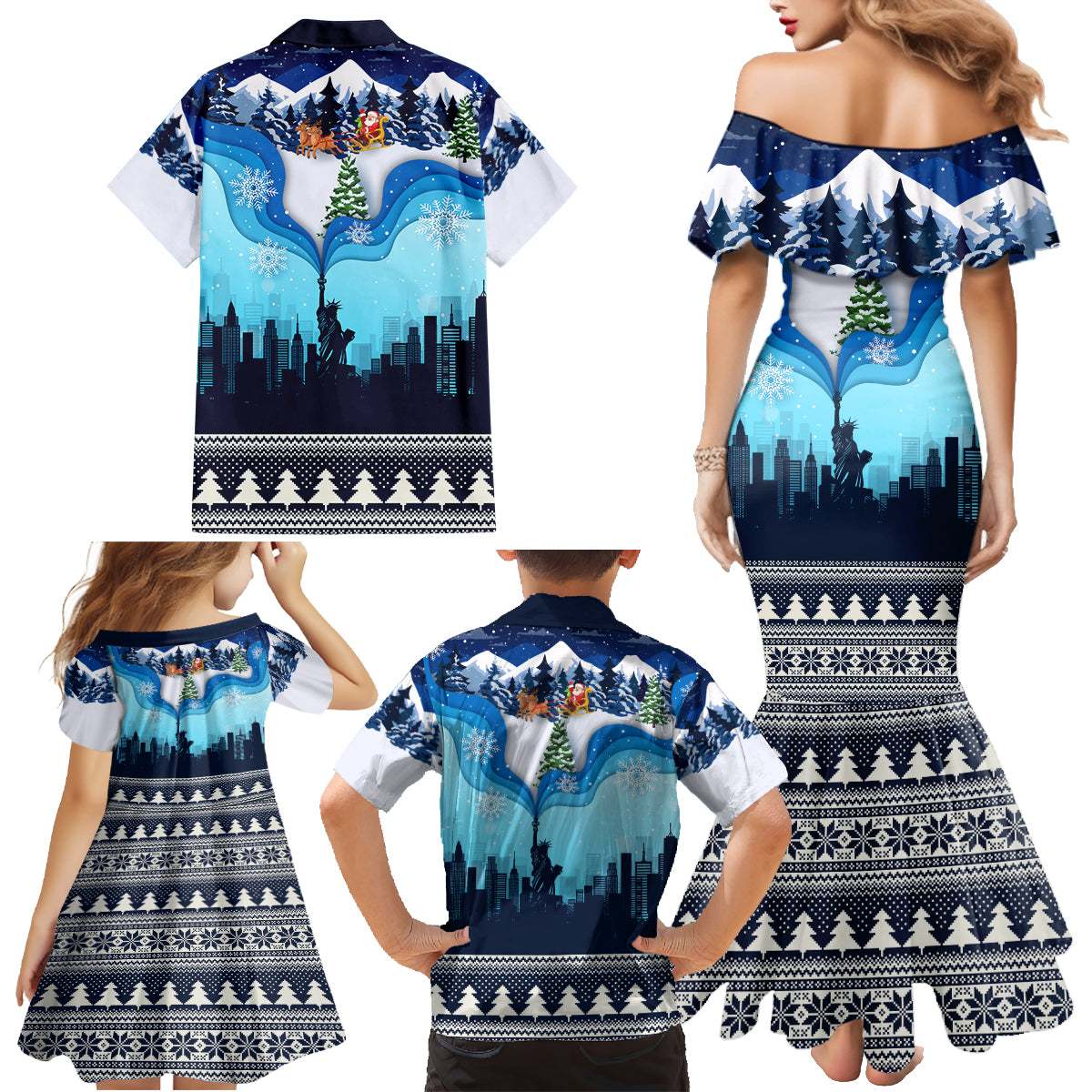 New York Christmas Family Matching Mermaid Dress and Hawaiian Shirt Manhattan Statue Of Liberty - Wonder Print Shop