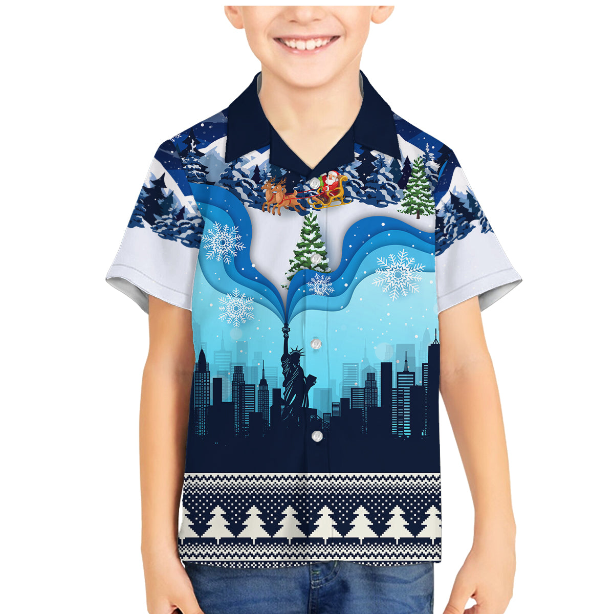 New York Christmas Family Matching Mermaid Dress and Hawaiian Shirt Manhattan Statue Of Liberty - Wonder Print Shop