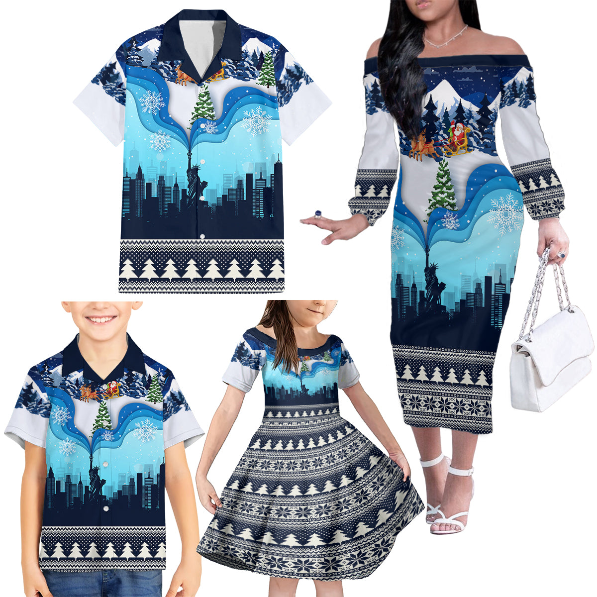 New York Christmas Family Matching Off Shoulder Long Sleeve Dress and Hawaiian Shirt Manhattan Statue Of Liberty - Wonder Print Shop