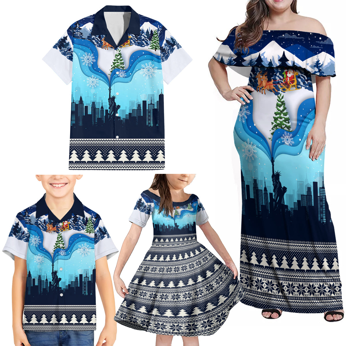 New York Christmas Family Matching Off Shoulder Maxi Dress and Hawaiian Shirt Manhattan Statue Of Liberty - Wonder Print Shop