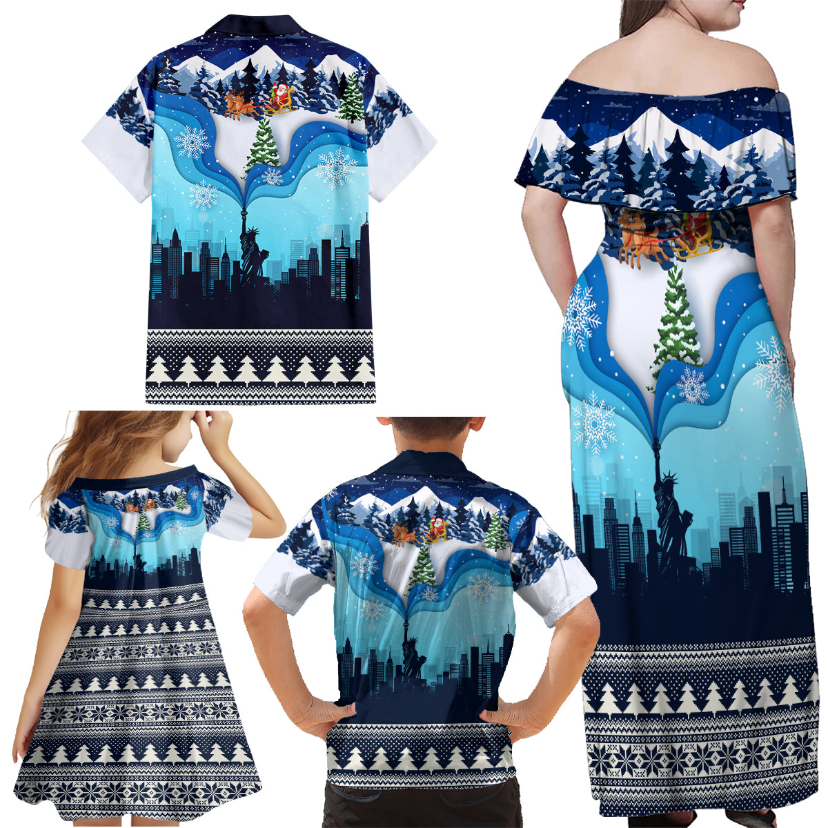 New York Christmas Family Matching Off Shoulder Maxi Dress and Hawaiian Shirt Manhattan Statue Of Liberty - Wonder Print Shop