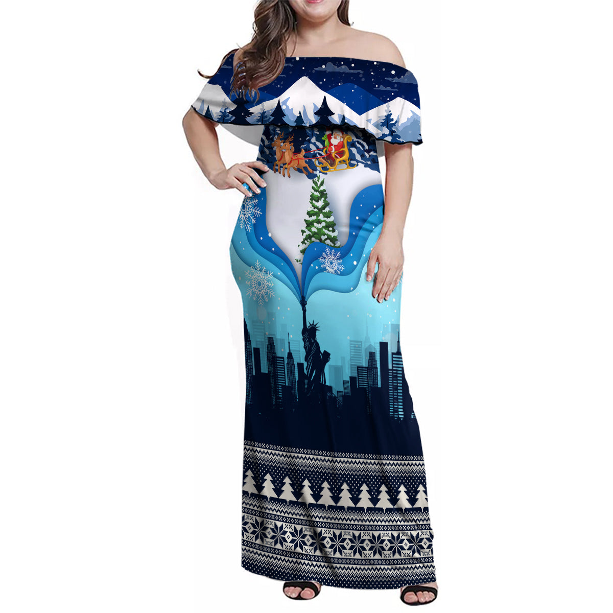 New York Christmas Family Matching Off Shoulder Maxi Dress and Hawaiian Shirt Manhattan Statue Of Liberty - Wonder Print Shop