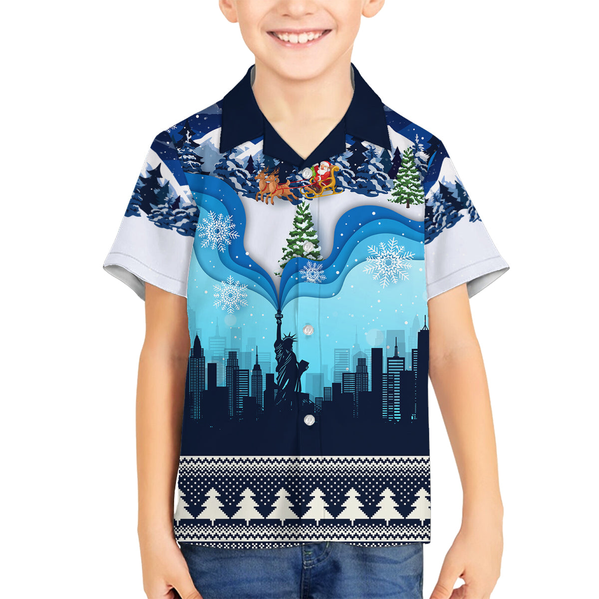 New York Christmas Family Matching Off Shoulder Maxi Dress and Hawaiian Shirt Manhattan Statue Of Liberty - Wonder Print Shop
