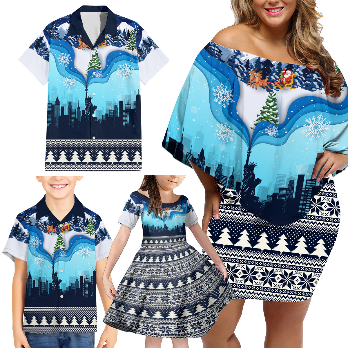 New York Christmas Family Matching Off Shoulder Short Dress and Hawaiian Shirt Manhattan Statue Of Liberty - Wonder Print Shop
