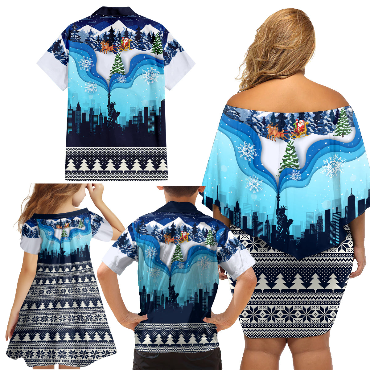 New York Christmas Family Matching Off Shoulder Short Dress and Hawaiian Shirt Manhattan Statue Of Liberty - Wonder Print Shop