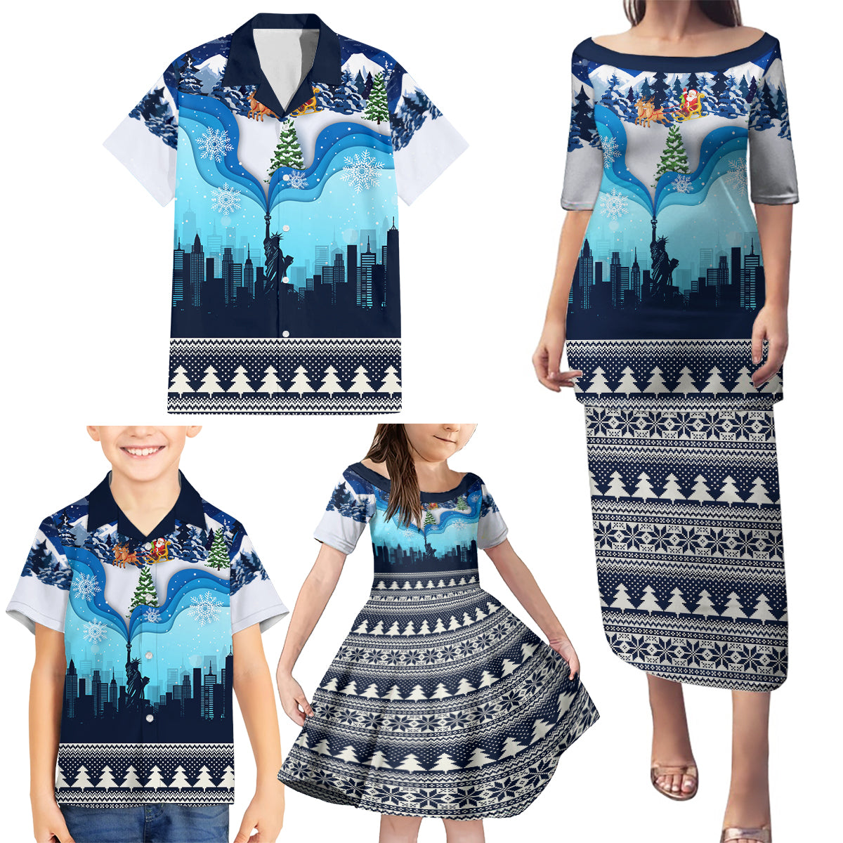 New York Christmas Family Matching Puletasi Dress and Hawaiian Shirt Manhattan Statue Of Liberty - Wonder Print Shop