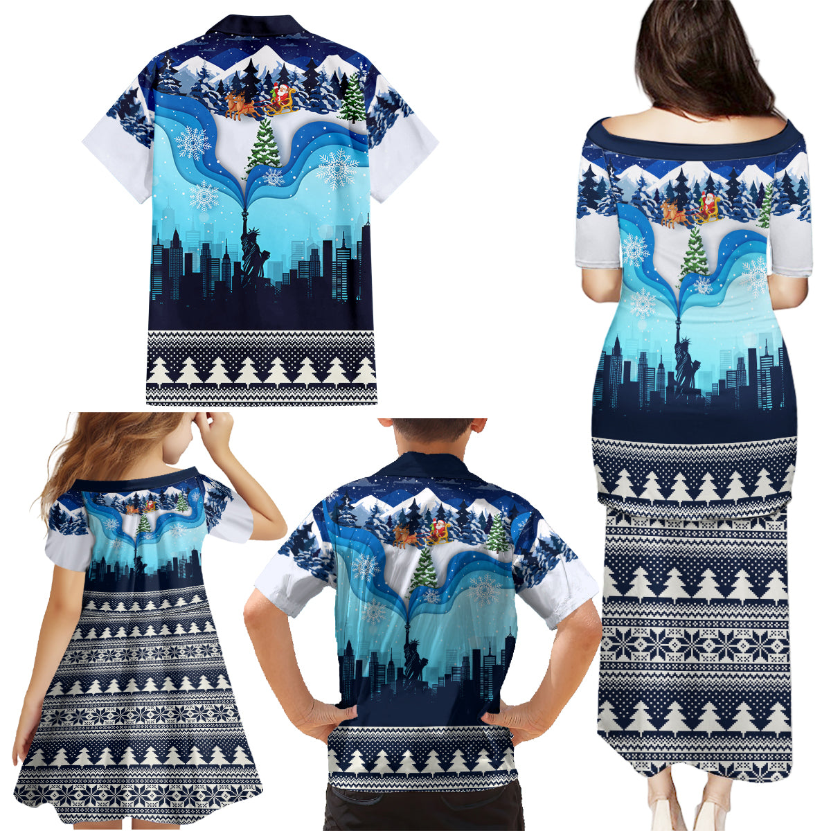 New York Christmas Family Matching Puletasi Dress and Hawaiian Shirt Manhattan Statue Of Liberty - Wonder Print Shop