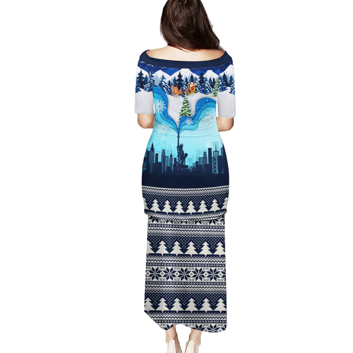 New York Christmas Family Matching Puletasi Dress and Hawaiian Shirt Manhattan Statue Of Liberty - Wonder Print Shop