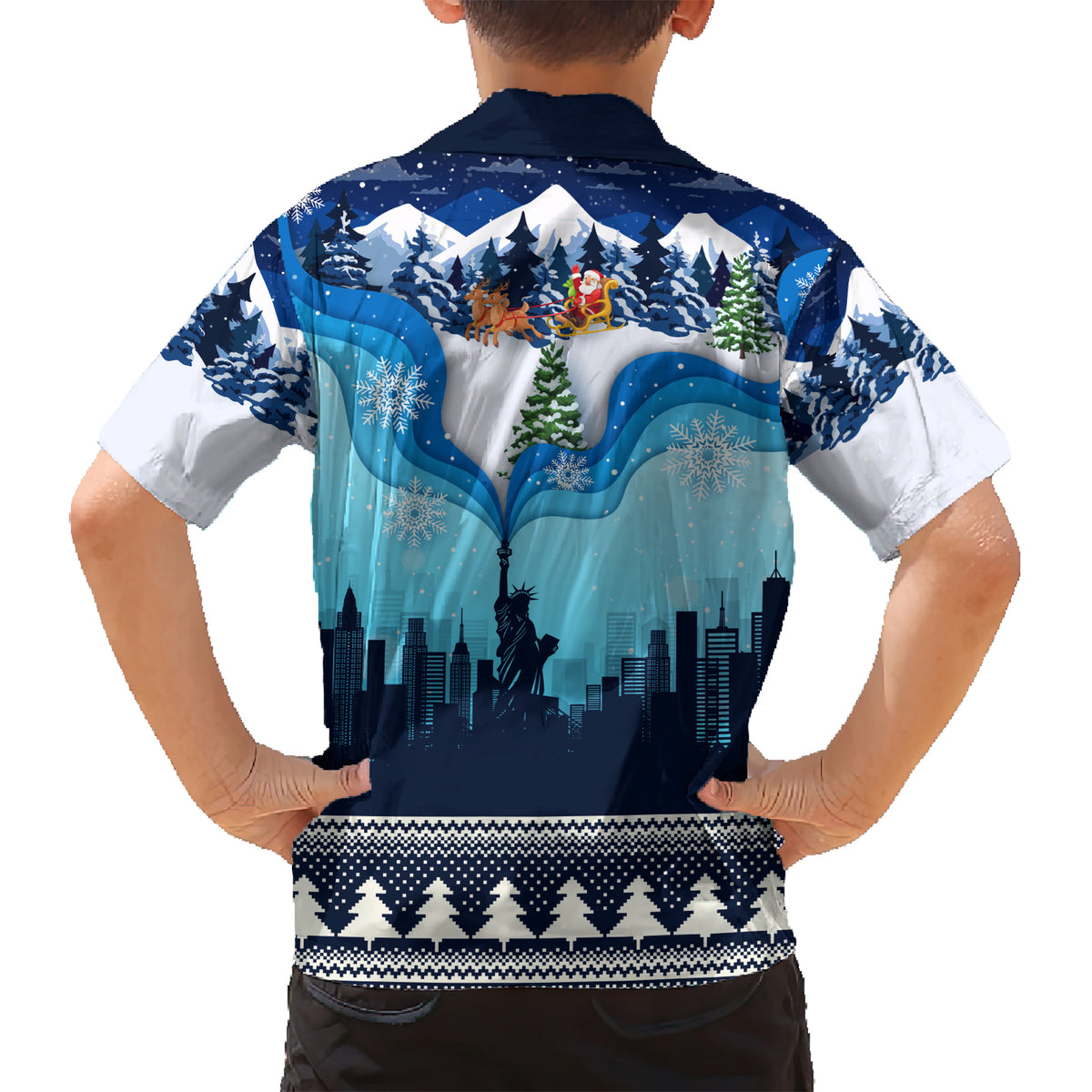 New York Christmas Family Matching Short Sleeve Bodycon Dress and Hawaiian Shirt Manhattan Statue Of Liberty - Wonder Print Shop