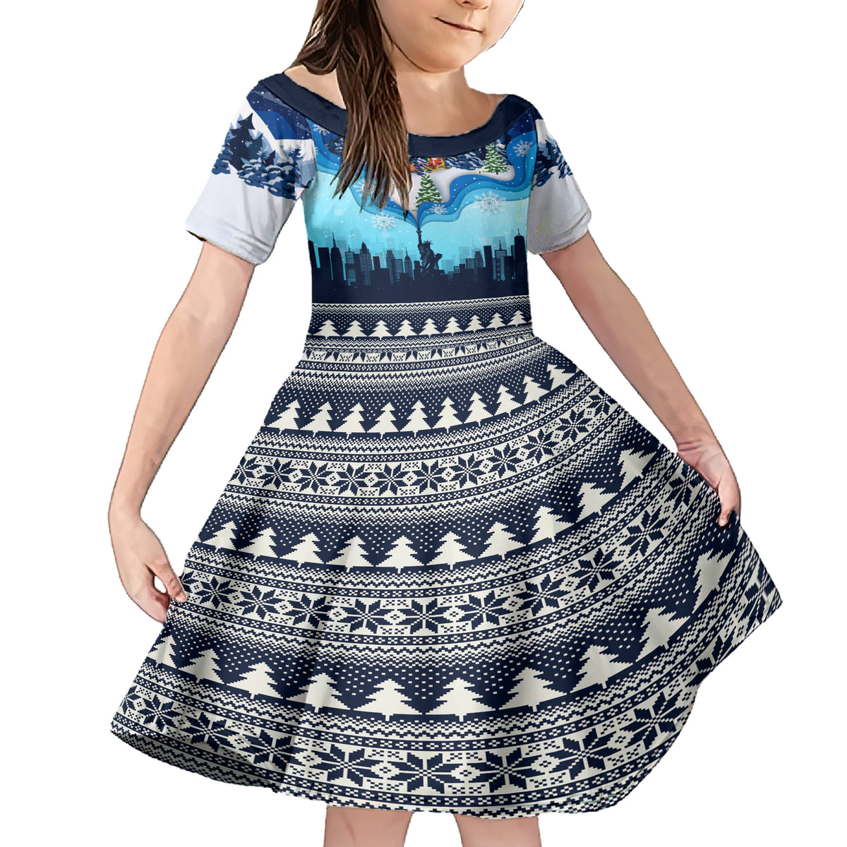 New York Christmas Family Matching Short Sleeve Bodycon Dress and Hawaiian Shirt Manhattan Statue Of Liberty - Wonder Print Shop