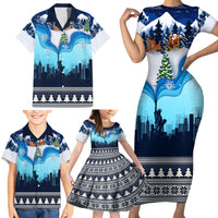 New York Christmas Family Matching Short Sleeve Bodycon Dress and Hawaiian Shirt Manhattan Statue Of Liberty - Wonder Print Shop
