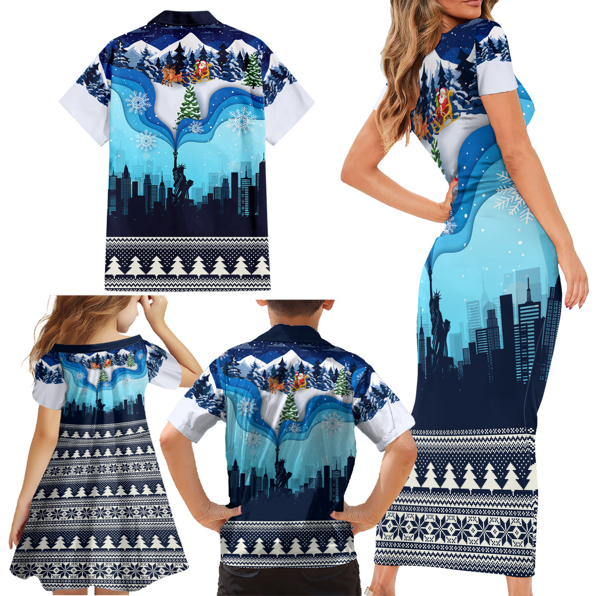 New York Christmas Family Matching Short Sleeve Bodycon Dress and Hawaiian Shirt Manhattan Statue Of Liberty - Wonder Print Shop