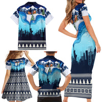 New York Christmas Family Matching Short Sleeve Bodycon Dress and Hawaiian Shirt Manhattan Statue Of Liberty - Wonder Print Shop