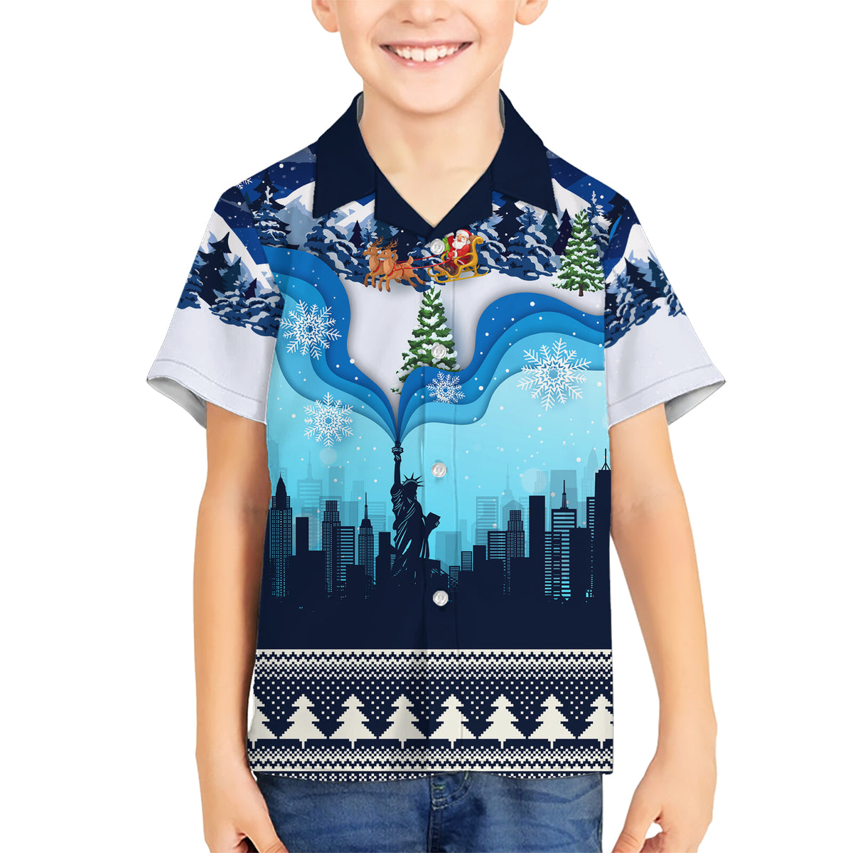 New York Christmas Family Matching Short Sleeve Bodycon Dress and Hawaiian Shirt Manhattan Statue Of Liberty - Wonder Print Shop