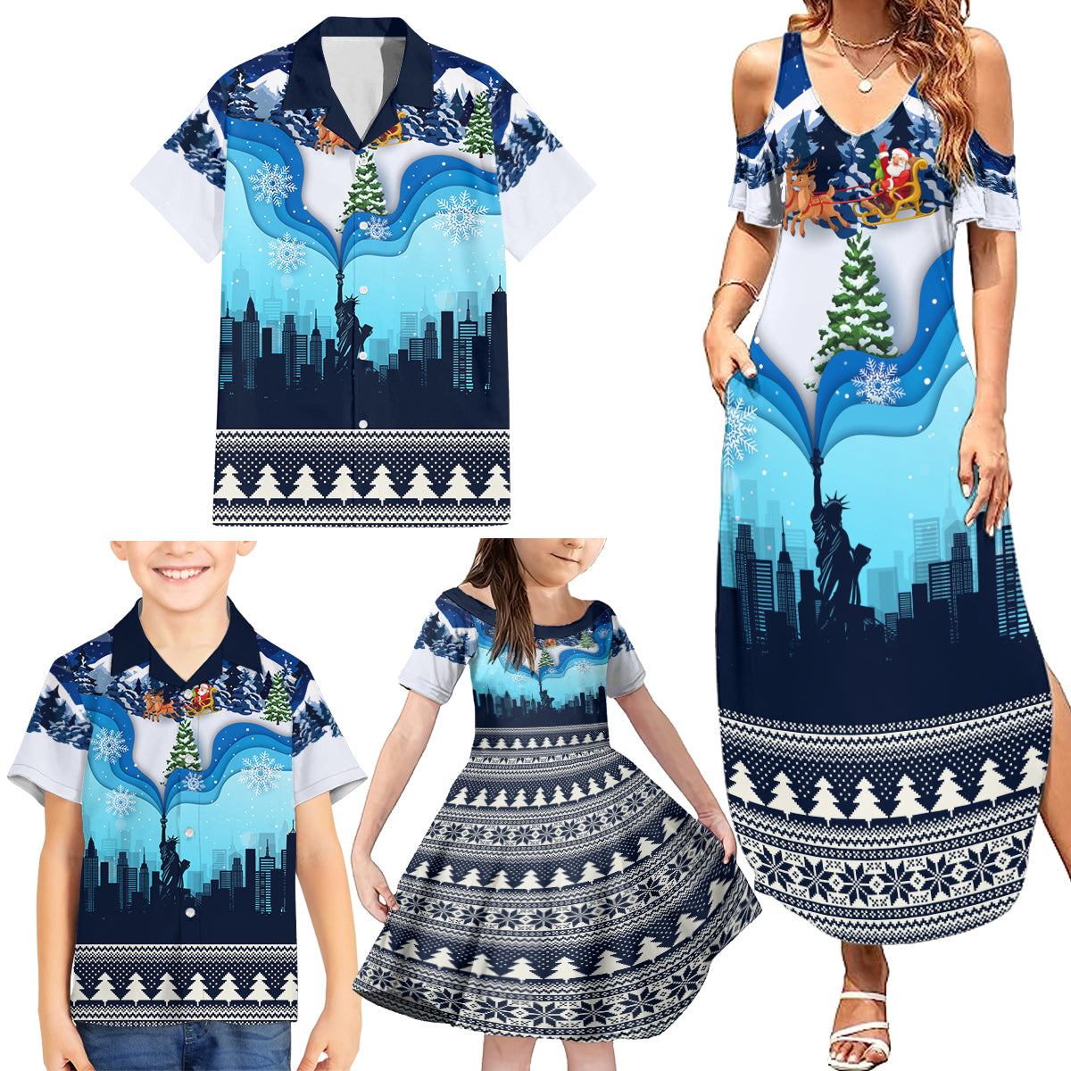 New York Christmas Family Matching Summer Maxi Dress and Hawaiian Shirt Manhattan Statue Of Liberty - Wonder Print Shop